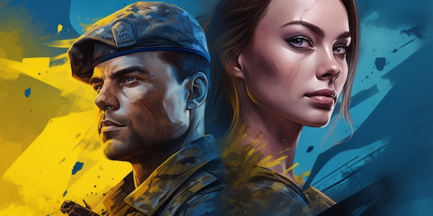 illustration d'un portrait d'homme et de femme de soldats ukrainiens sur fond jaune et bleu