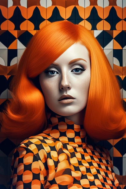Illustration de portrait d'IA générative d'une belle fille aux cheveux roux dans un style futuriste rétro