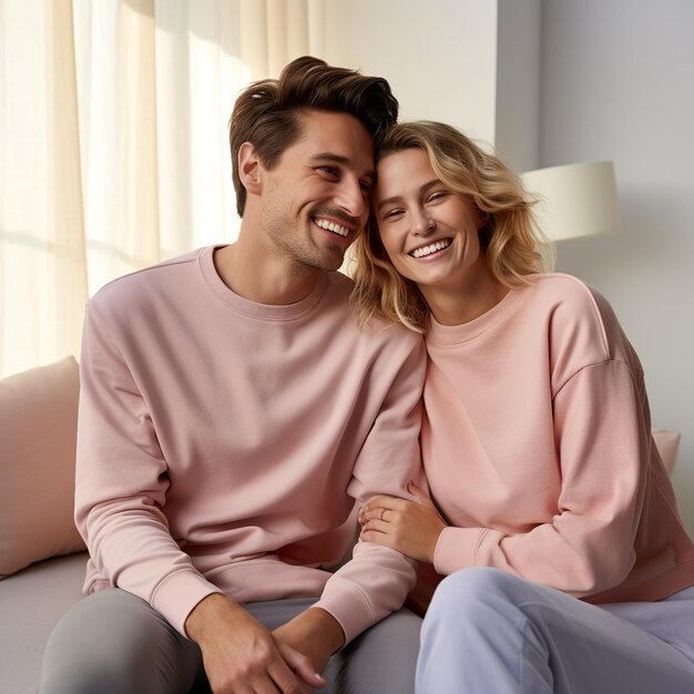 Illustration d'un portrait de mode de couple avec une maquette de pull uni créée comme une œuvre d'art générative utilisant l'IA