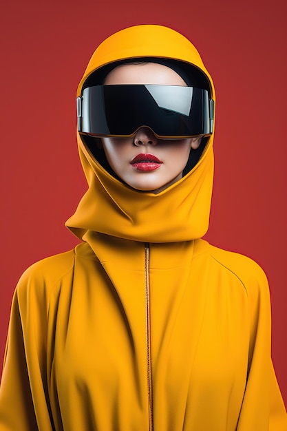 Illustration d'un portrait de mode portant un casque de réalité virtuelle créé comme une œuvre d'art générative à l'aide de l'intelligence artificielle