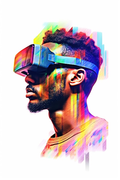 Illustration d'un portrait de mode portant un casque de réalité virtuelle créé comme une œuvre d'art générative à l'aide de l'intelligence artificielle