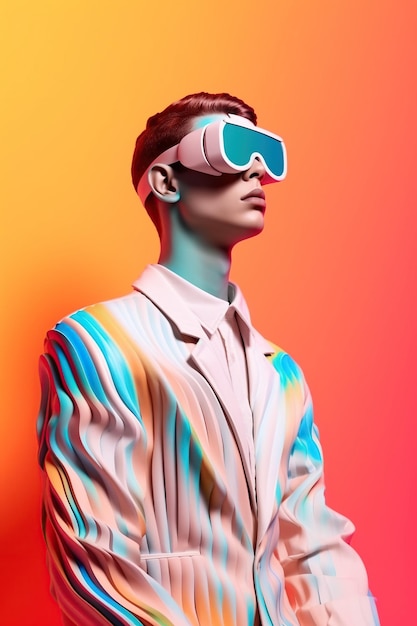 Illustration d'un portrait de mode portant un casque de réalité virtuelle créé comme une œuvre d'art générative à l'aide de l'intelligence artificielle