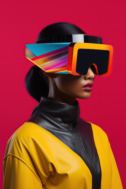 Illustration d'un portrait de mode portant un casque de réalité virtuelle VR créé comme une œuvre d'art générative utilisant l'IA