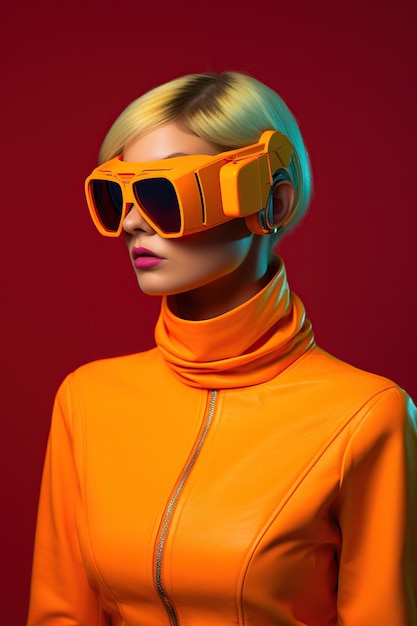 Illustration d'un portrait de mode portant un casque de réalité virtuelle VR créé comme une œuvre d'art générative utilisant l'IA
