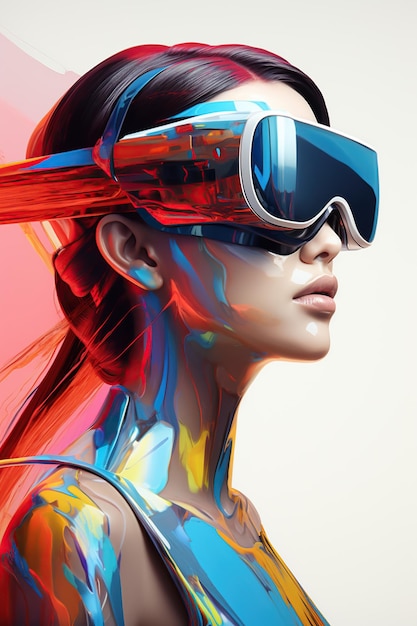 Illustration d'un portrait de mode portant un casque de réalité virtuelle VR créé comme une œuvre d'art générative utilisant l'IA