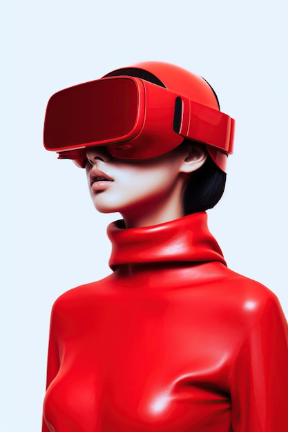 Illustration d'un portrait de mode portant un casque de réalité virtuelle VR créé comme une œuvre d'art générative utilisant l'IA