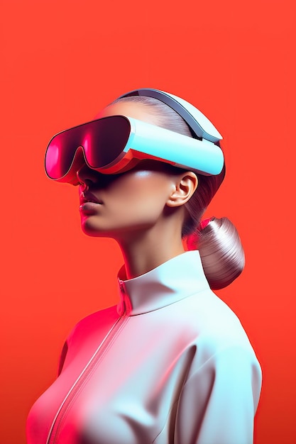 Illustration d'un portrait de mode portant un casque de réalité virtuelle VR créé comme une œuvre d'art générative utilisant l'IA