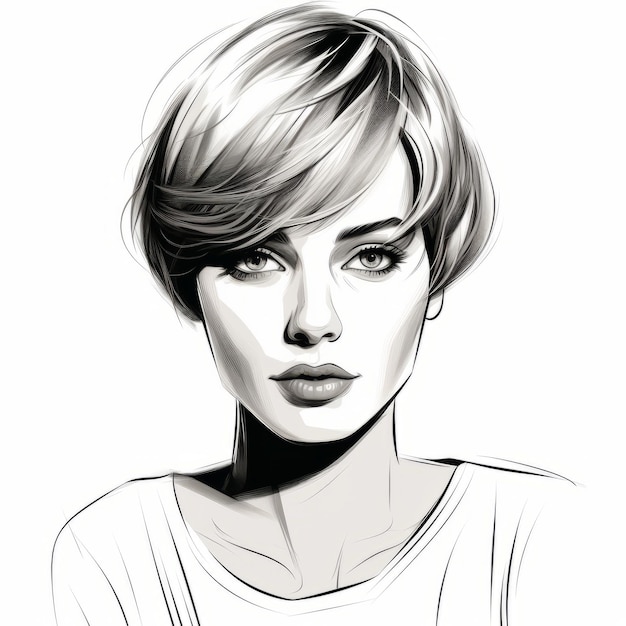 Illustration de portrait noir et blanc chic de Jennifer avec les cheveux courts