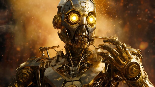 Illustration de portrait de robot steampunk brillant dans un style cinématographique généré par l'IA