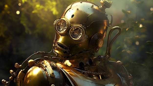 Illustration de portrait de robot steampunk brillant dans un style cinématographique généré par l'IA