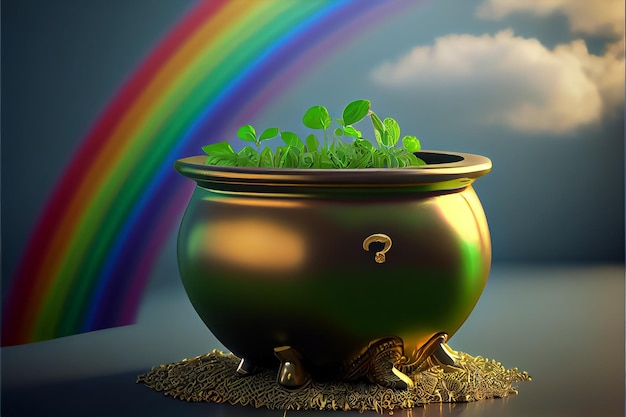 Illustration d'un pot doré avec des pièces de monnaie et de l'arc-en-ciel StPatrick day AI