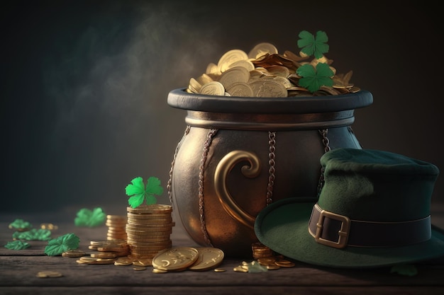 Une illustration d'un pot magique rempli de pièces et d'un chapeau de lutin Concept de la Saint-Patrick AI Generation