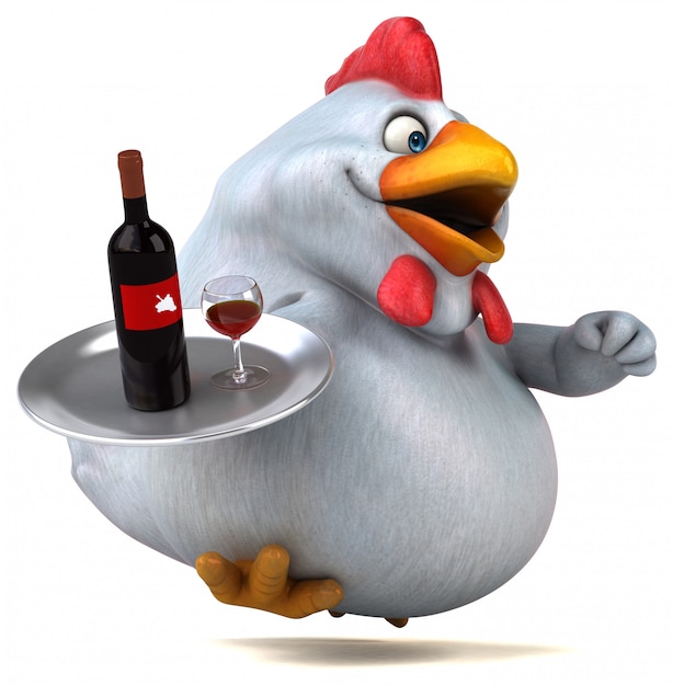 Illustration de poulet 3d drôle tenant une bouteille de vin sur un plateau