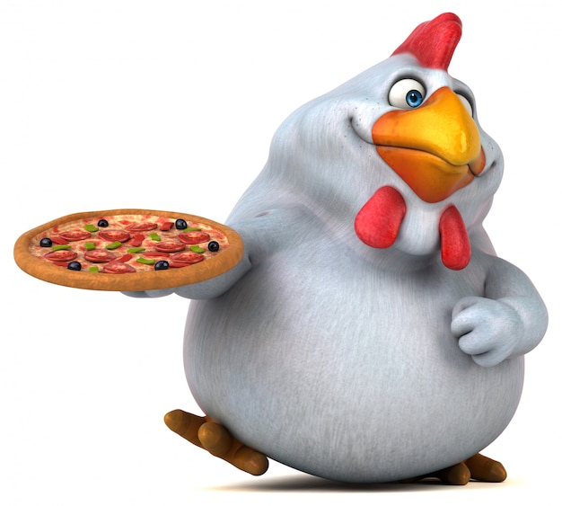 Illustration de poulet 3d drôle tenant une pizza