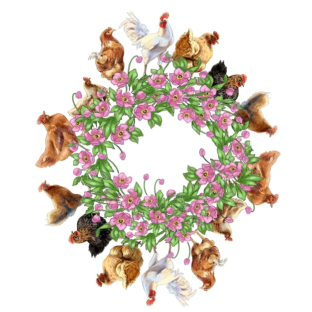 Illustration de poulets avec un cercle de fleurs