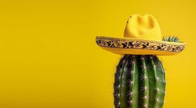 Illustration pour Cinco De Mayo Cactus portant un chapeau sombrero mexicain avec copie espace Generative ai