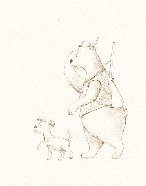 Illustration pour enfants d'un chasseur d'ours en chasse avec un ami chien dans la forêt