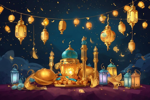 Illustration pour la fête d'Iftar à Eid Mubarak fête des lumières design carte bannière affiche Illustration du Ramadan Kareem avec des lanternes et la lune dorée