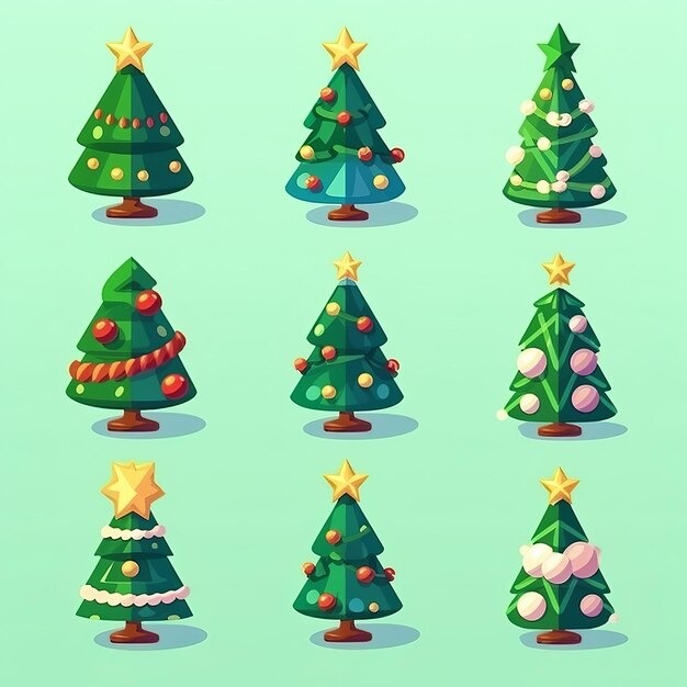 Illustration pour les icônes d'arbre de Noël plat mignon mis autocollant isométrique