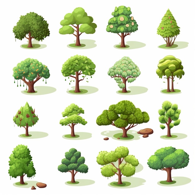 Illustration pour les icônes d'arbre plat mignon mis autocollant isométrique