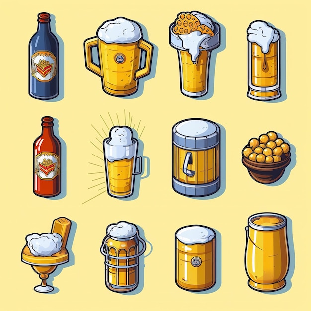 Illustration pour les icônes de bière plate mignonne définie autocollant isométrique