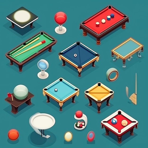 Illustration pour les icônes de billard plat mignon mis autocollant isométrique