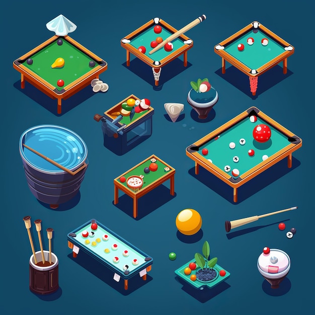 Illustration pour les icônes de billard plat mignon mis autocollant isométrique