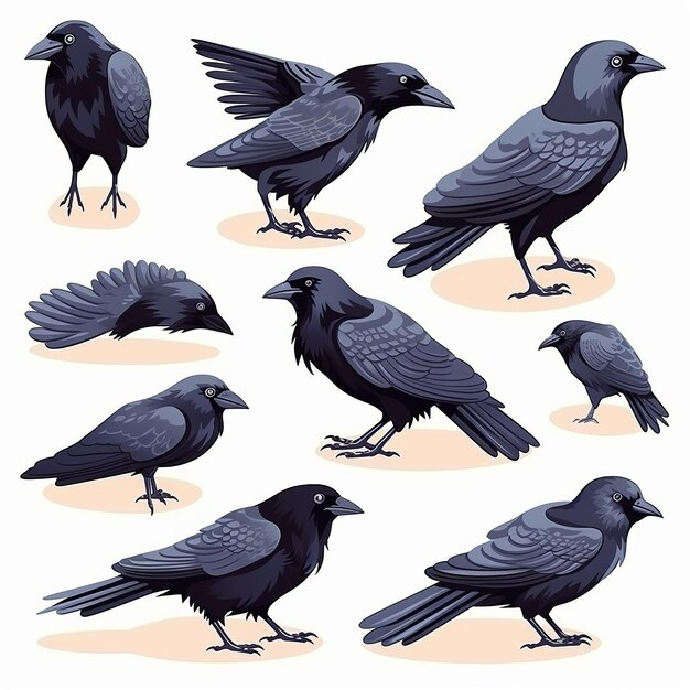 Illustration pour les icônes de corbeau plat mignon mis autocollant isométrique