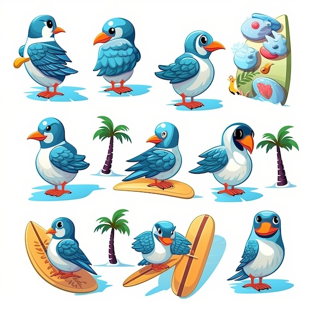 Photo illustration pour les icônes d'oiseaux de surf plats mignons mis autocollant isométrique