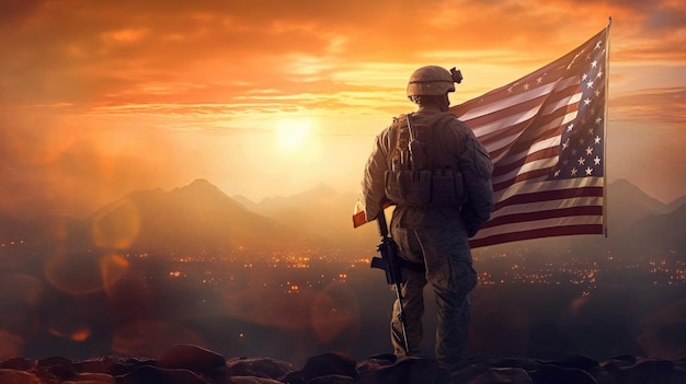 Illustration pour le Jour de l'Indépendance des États-Unis le 4 juillet Soldat avec le drapeau américain sous un beau soleil Generative AI