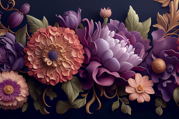 Illustration de prairie d'été ou de printemps avec des fleurs colorées AI