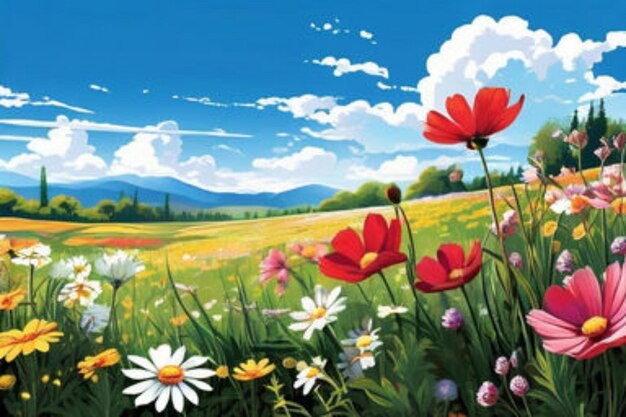 illustration d'une prairie de fleurs au printemps