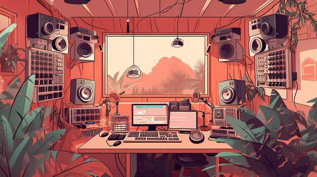 Une illustration présentant un studio de podcasting réaliste