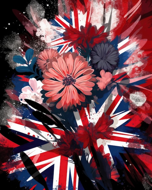 L'illustration présente un arrière-plan floral britannique et le drapeau britannique Generative AI