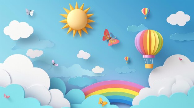 L'illustration présente des nuages moelleux et un ciel bleu avec des papillons de soleil d'été, des ballons à air chaud et des arcs-en-ciel.