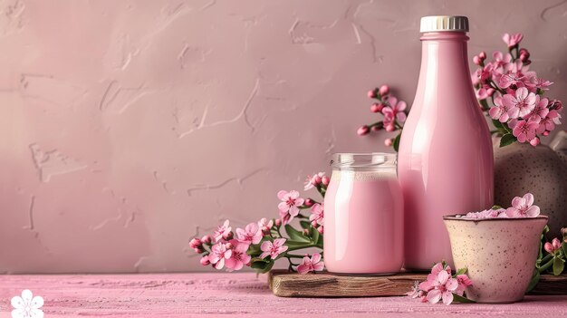 Photo illustration de produits d'emballage de lait sur fond rose illustration moderne colorée dessinée à la main dans un format moderne