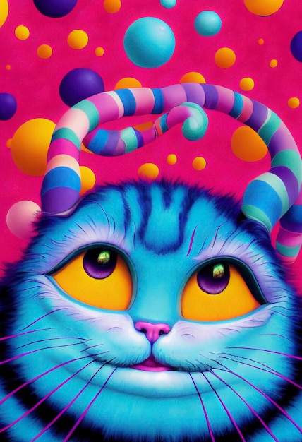 Illustration psychédélique d'un mignon chat de l'espace bleu aux yeux jaunes regardant des boules colorées sur fond rose Illustration 3D d'art numérique