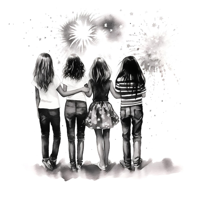 illustration de quatre filles qui s'embrassent en regardant des feux d'artifice