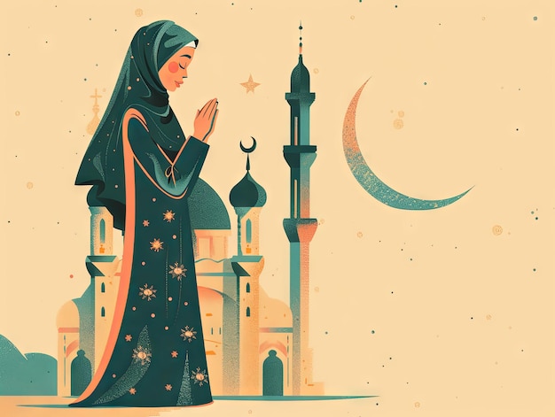 Illustration Ramadan une femme musulmane prie devant la mosquée