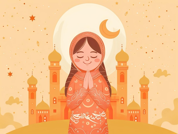 Illustration Ramadan une femme musulmane prie devant la mosquée