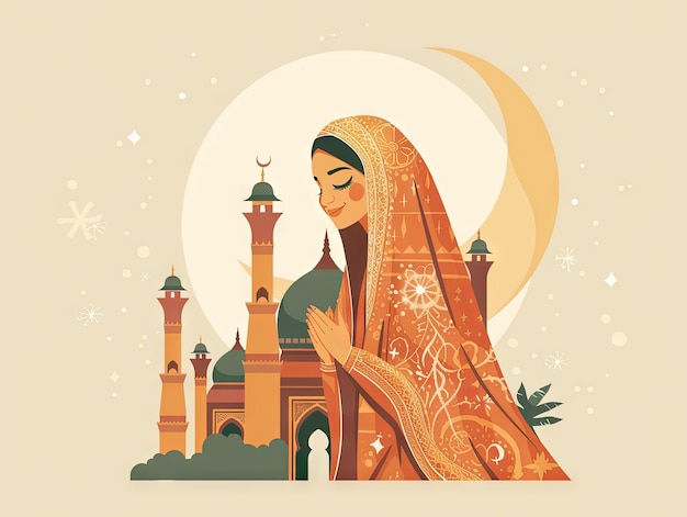 Illustration Ramadan une femme musulmane prie devant la mosquée