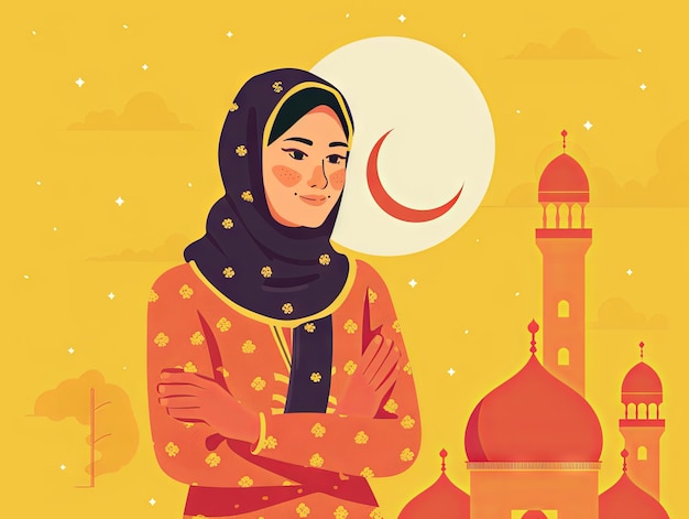 Illustration Ramadan une femme musulmane se tient devant la mosquée