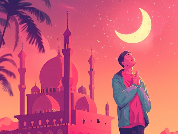 Illustration Ramadan un homme musulman prie devant la mosquée