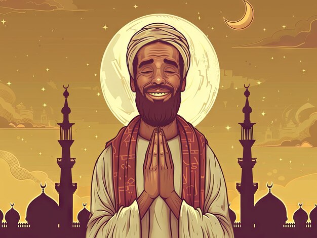 Illustration Ramadan un homme musulman prie devant la mosquée