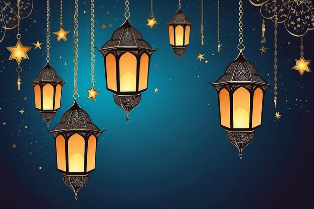 Illustration Ramadan Kareem Arrière-plan avec des lampes Fanoos Croisants et étoiles Vecteur