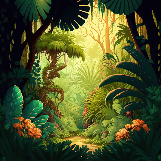 Illustration raster de la belle jungle impénétrable de dessin animé Plantes tropicales palmiers exotiques arbres buissons vie sauvage safari tropiques équateur Beauté de la nature concept rendu 3D