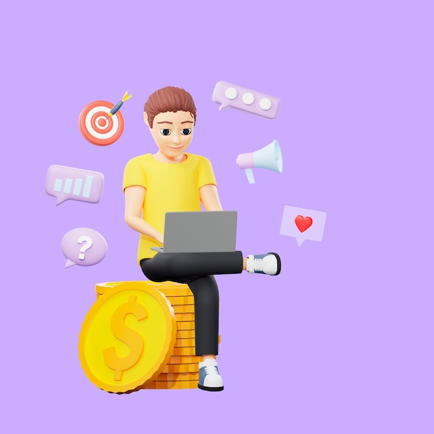 Illustration raster d'un homme assis sur une pile de pièces avec un ordinateur portable Jeune homme dans un t-shirt jaune gagne sur le haut-parleur de commercialisation Internet speechbubble investit dans le rendu 3d de la crypto-monnaie