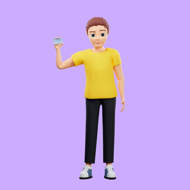 Illustration raster d'un homme avec une carte bancaire Jeune homme dans un t-shirt jaune tenant une carte de paiement sans contact terminal bancaire sur Internet achat d'argent shopping illustration de rendu 3d