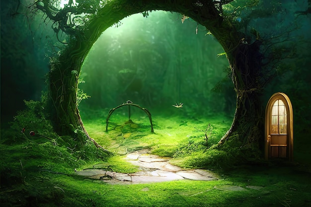 Photo illustration raster d'un portail dans la clairière de la forêt