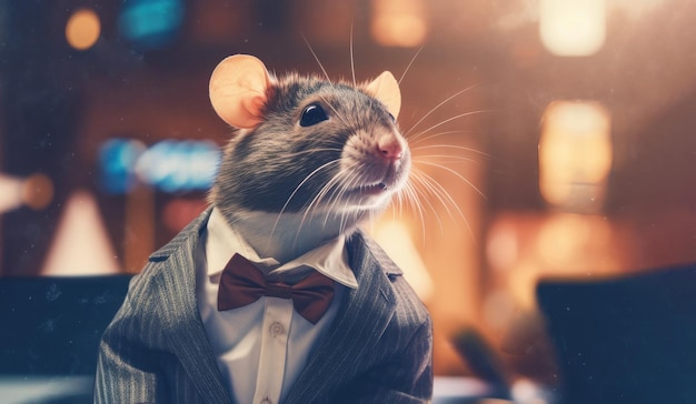 Photo illustration d'un rat mignon vêtu d'un costume et d'une cravate rat habillé en cadre sur une scène de dessin animé de table generative ai